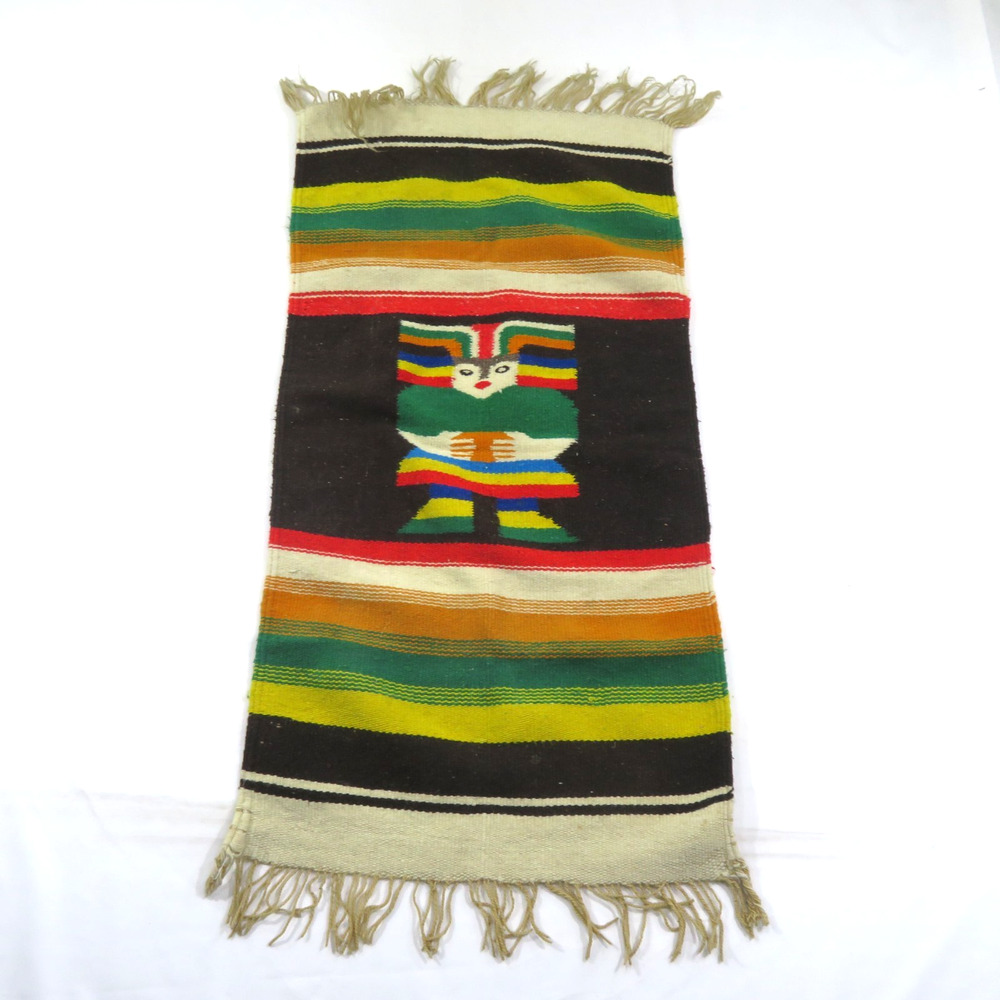 Southwest Mexico Design Rug Throw Mex Woven Style Beige Colorful Fringe 36x19